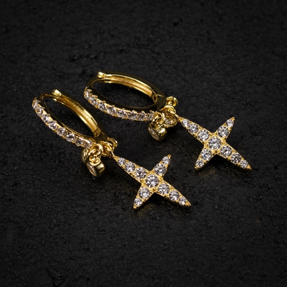 Iced 14K Gold Plated Mens Streetwear Dangle Hanging Cross Drop Hoop Earrings